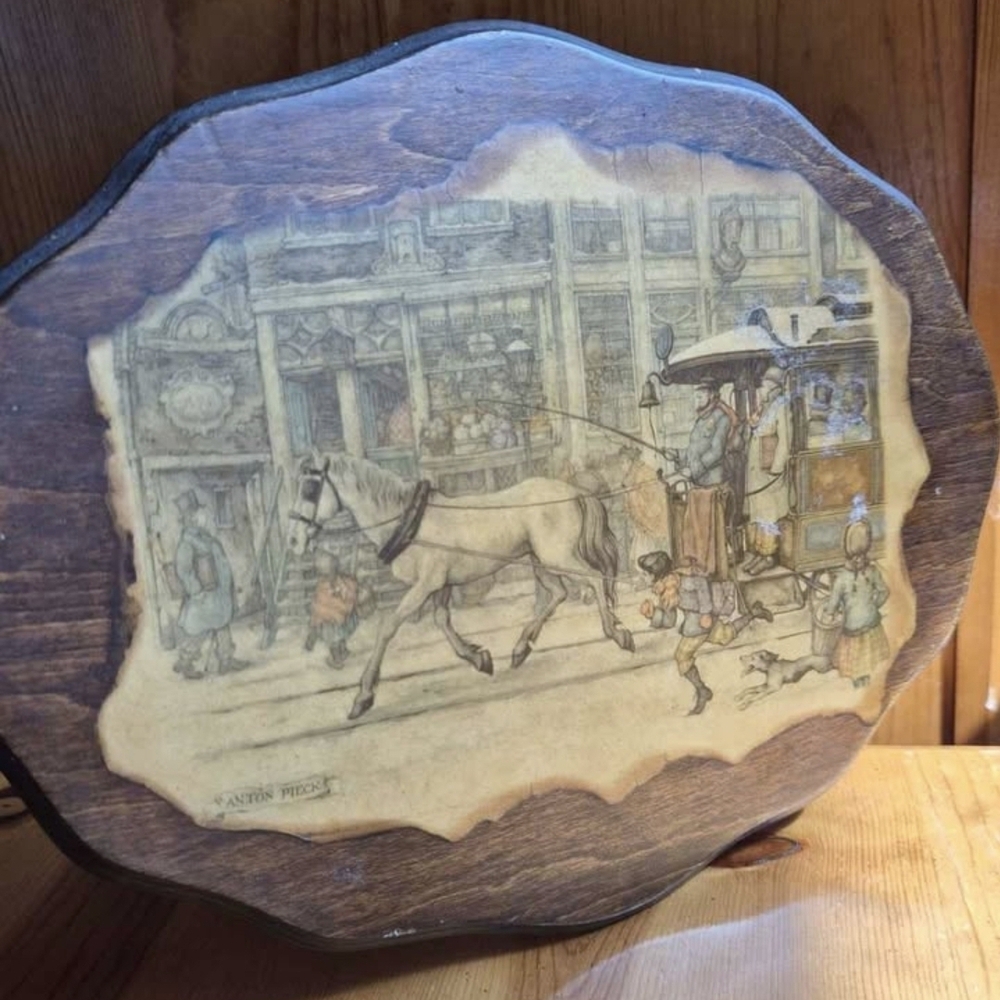 Wooden Plaque with Horse and Carriage Illustration